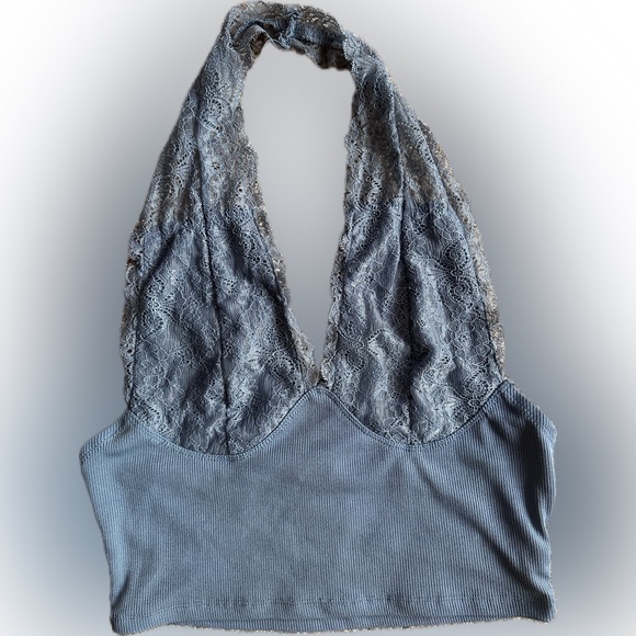Cider Tops - Lace Cropped Halter Top - Dusty Blue